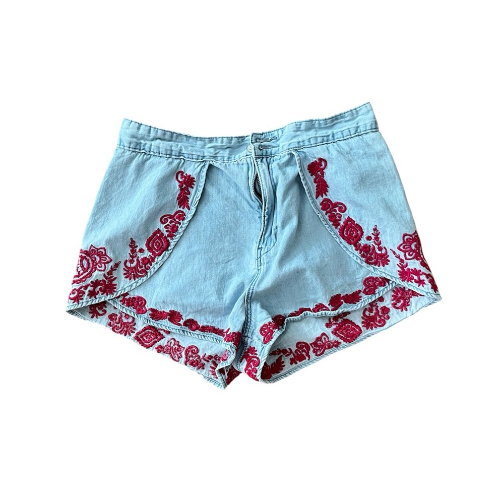 BDG Blue and Red Jean Shorts with Floral Embroidery